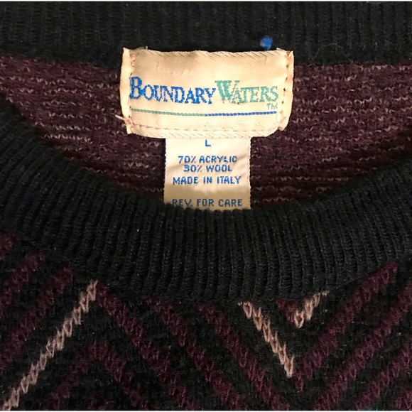 Wool knit crewneck sweater plum color with turquoise and white geometric pattern - Picture 3 of 5